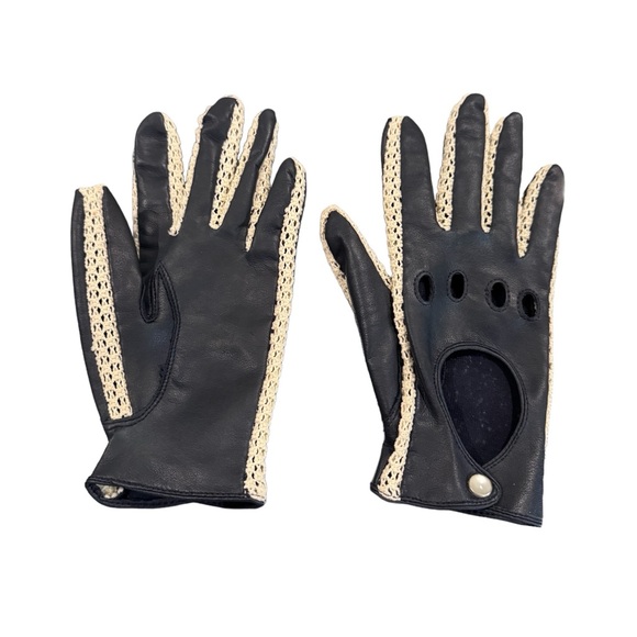 Fownes Vintage Driving Gloves Leather & Crochet Navy - Picture 2 of 8